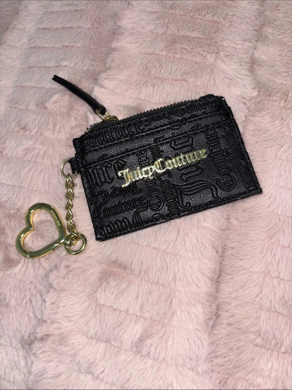 Juicy Couture Black Embossed Card Case with Gold Heart Charm